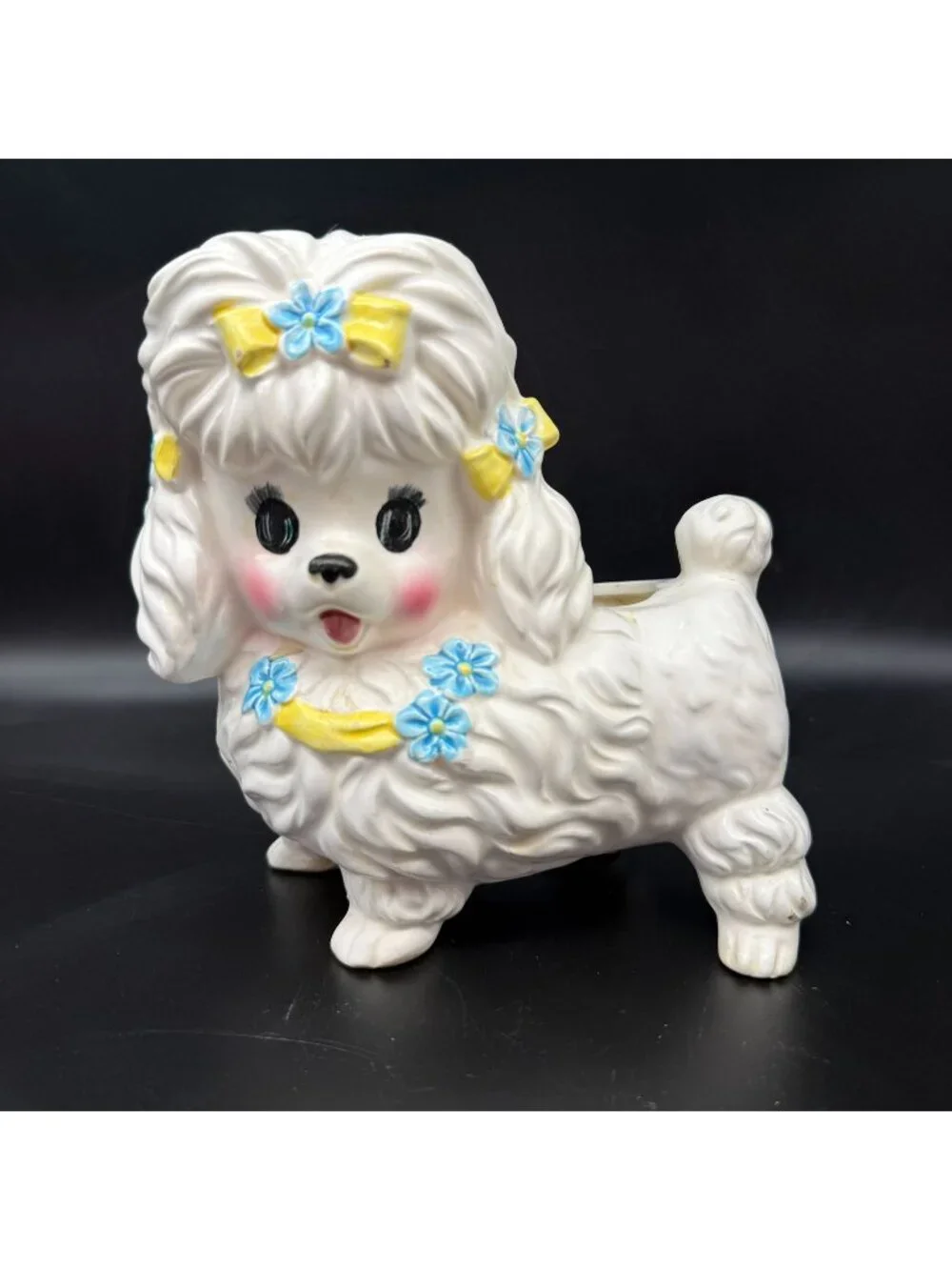 Vtg White Poodle Dog Planter Hand Painted Ceramic Bows Flowers MCM Import Kitsch
